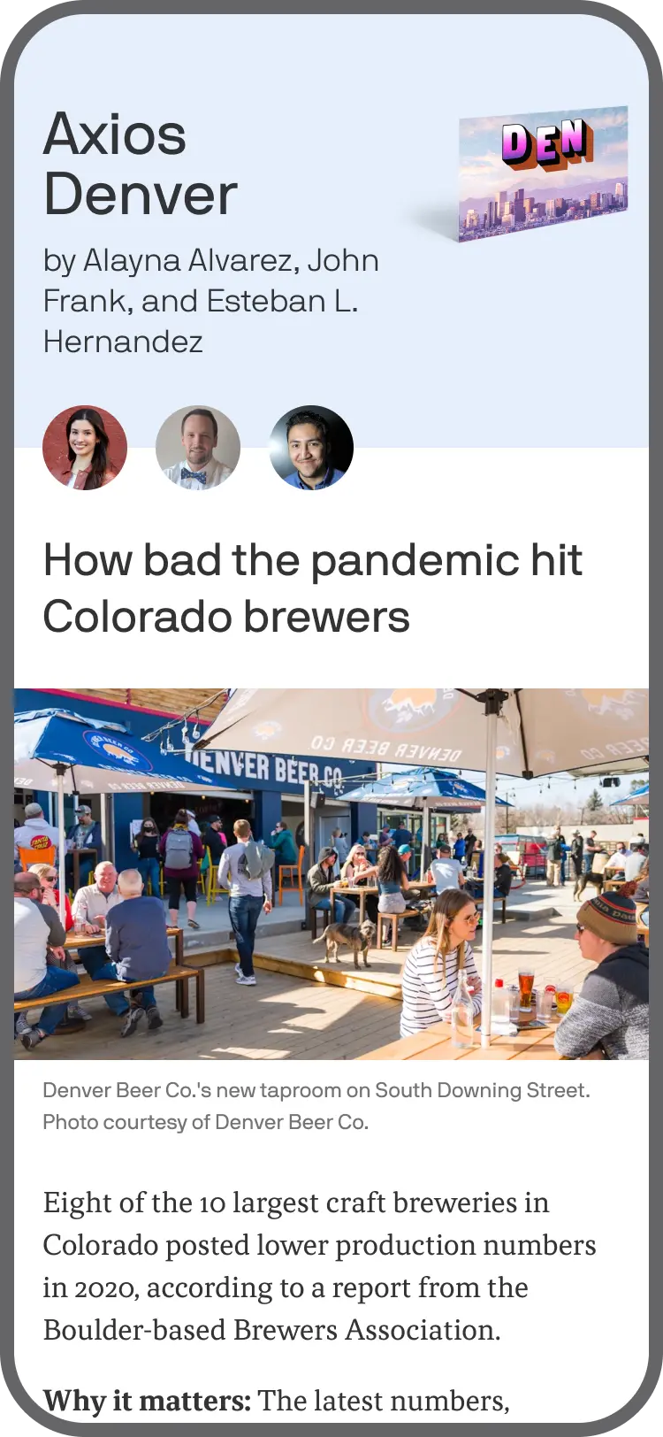 smartphone displaying an Axios Denver newsletter