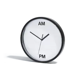 An analog clock with only two symbols instead of twelve: the symbols read 'AM' and 'PM'.