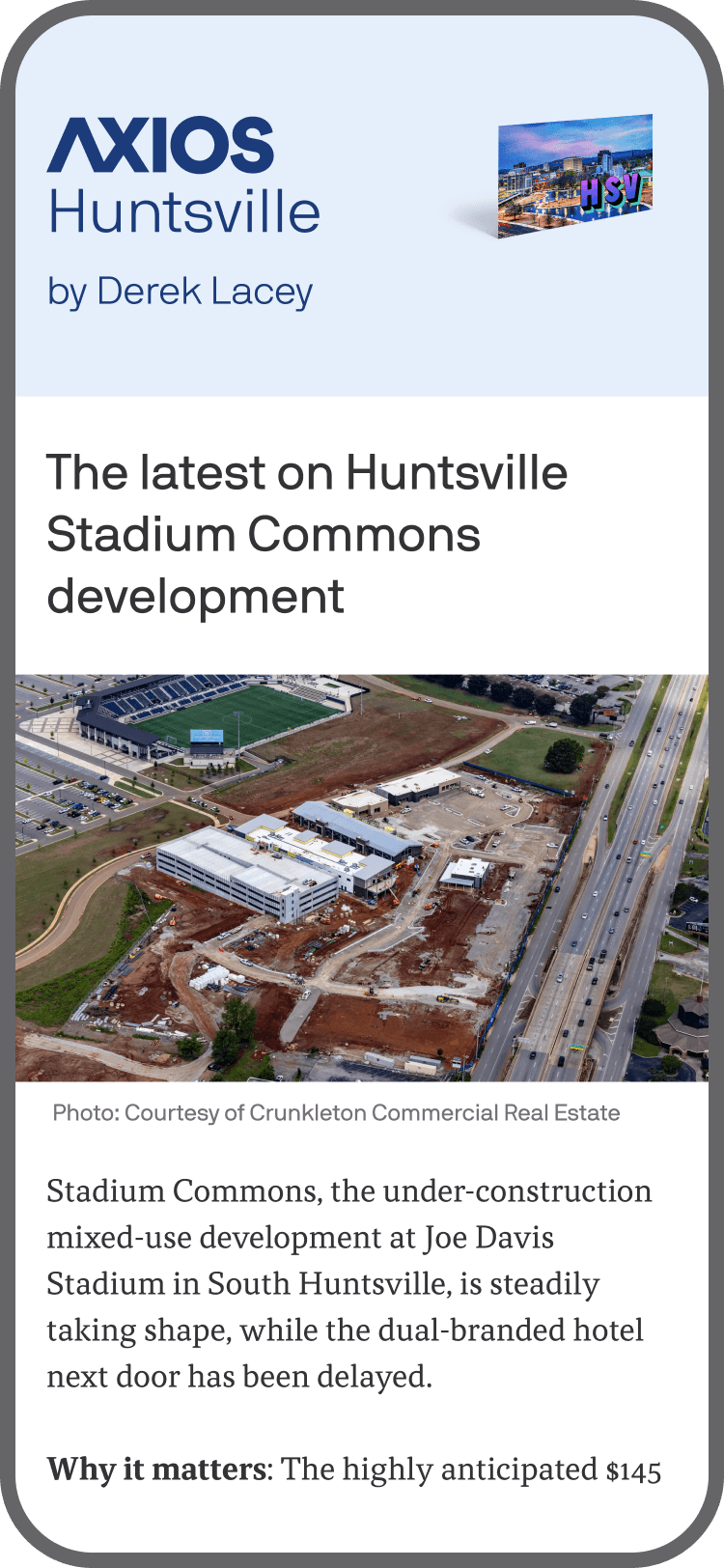 smartphone displaying an Axios Huntsville newsletter