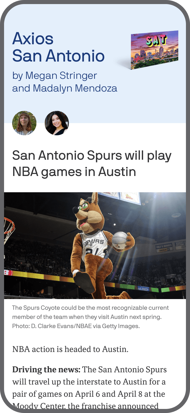 smartphone displaying an Axios San Antonio newsletter