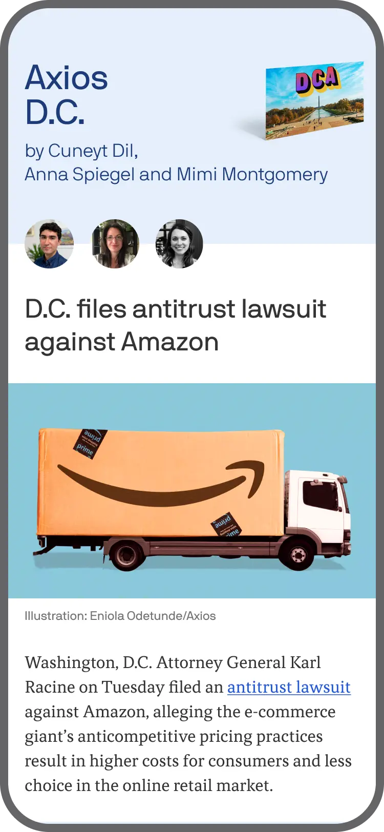 smartphone displaying an Axios Washington D.C. newsletter