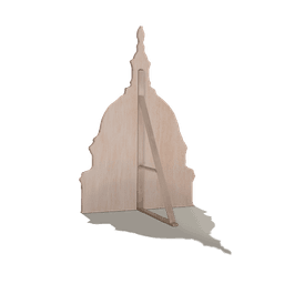 The back of a propped up cardboard cut-out of the U.S. Capitol.