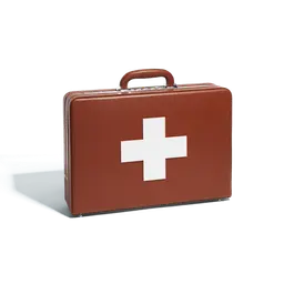 A briefcase with a white cross on the front.