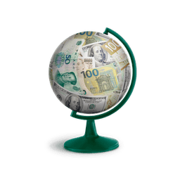 A globe and stand made out of dollar bills.