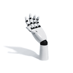 A robotic hand with the palm facing upward.