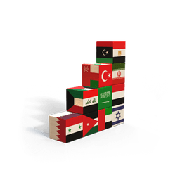 A set of building blocks, each decorated with a flag of a country in the Middle East.